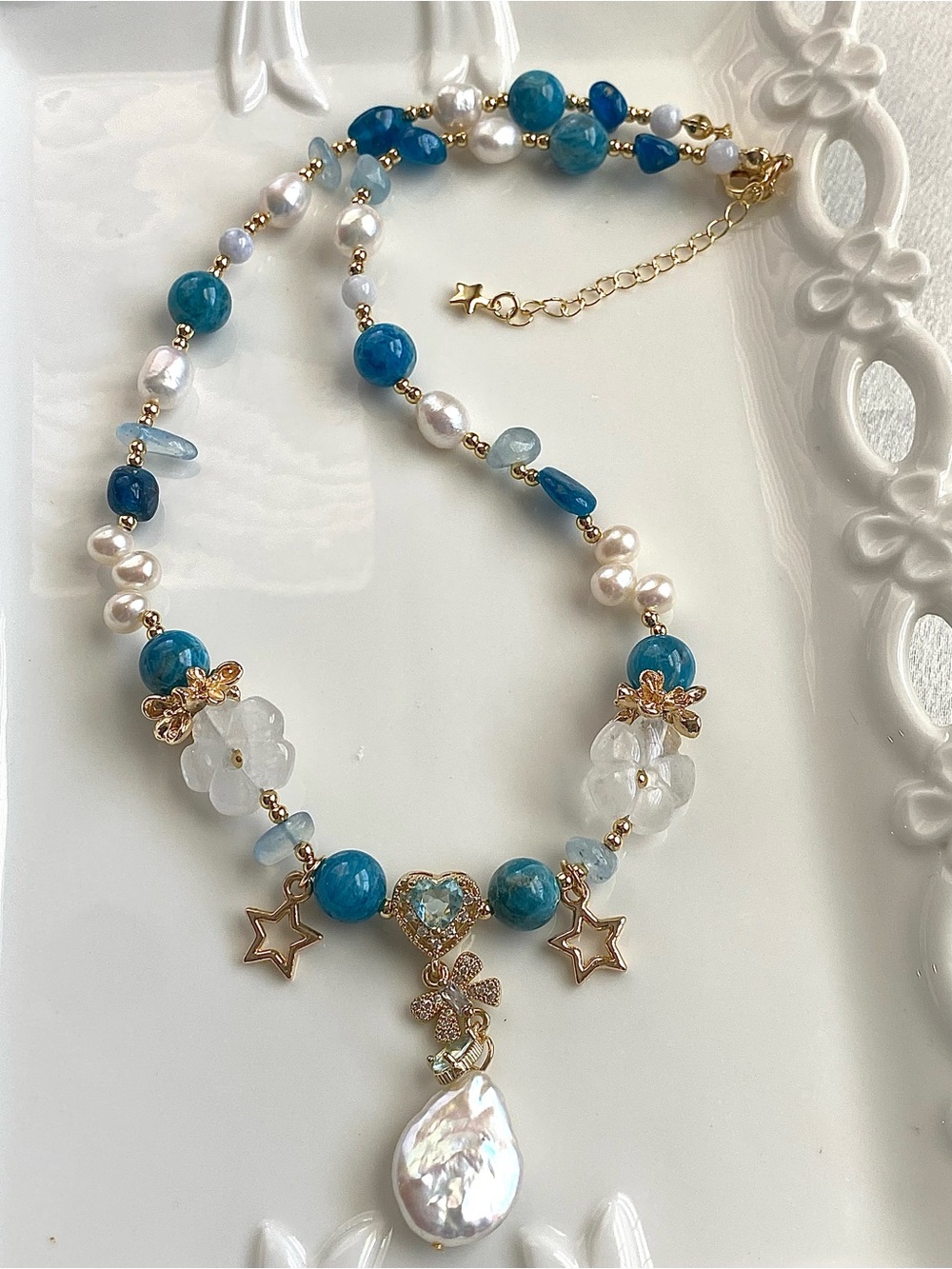 GP71-Handcrafted Apatite And freshwater Pearl Necklace - Picture 3 of 9